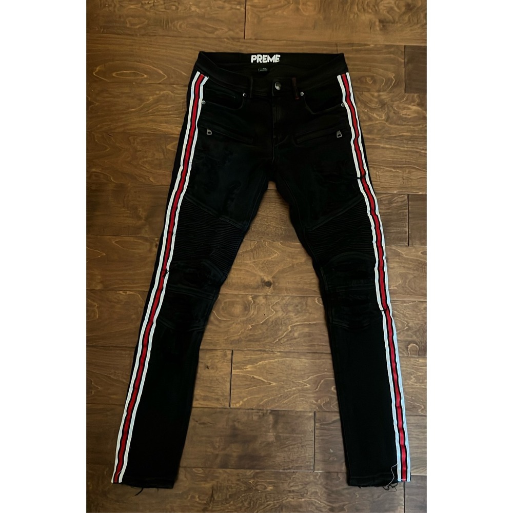PREME Men's Black Moto Biker Jeans Distressed Red White Side Stripe